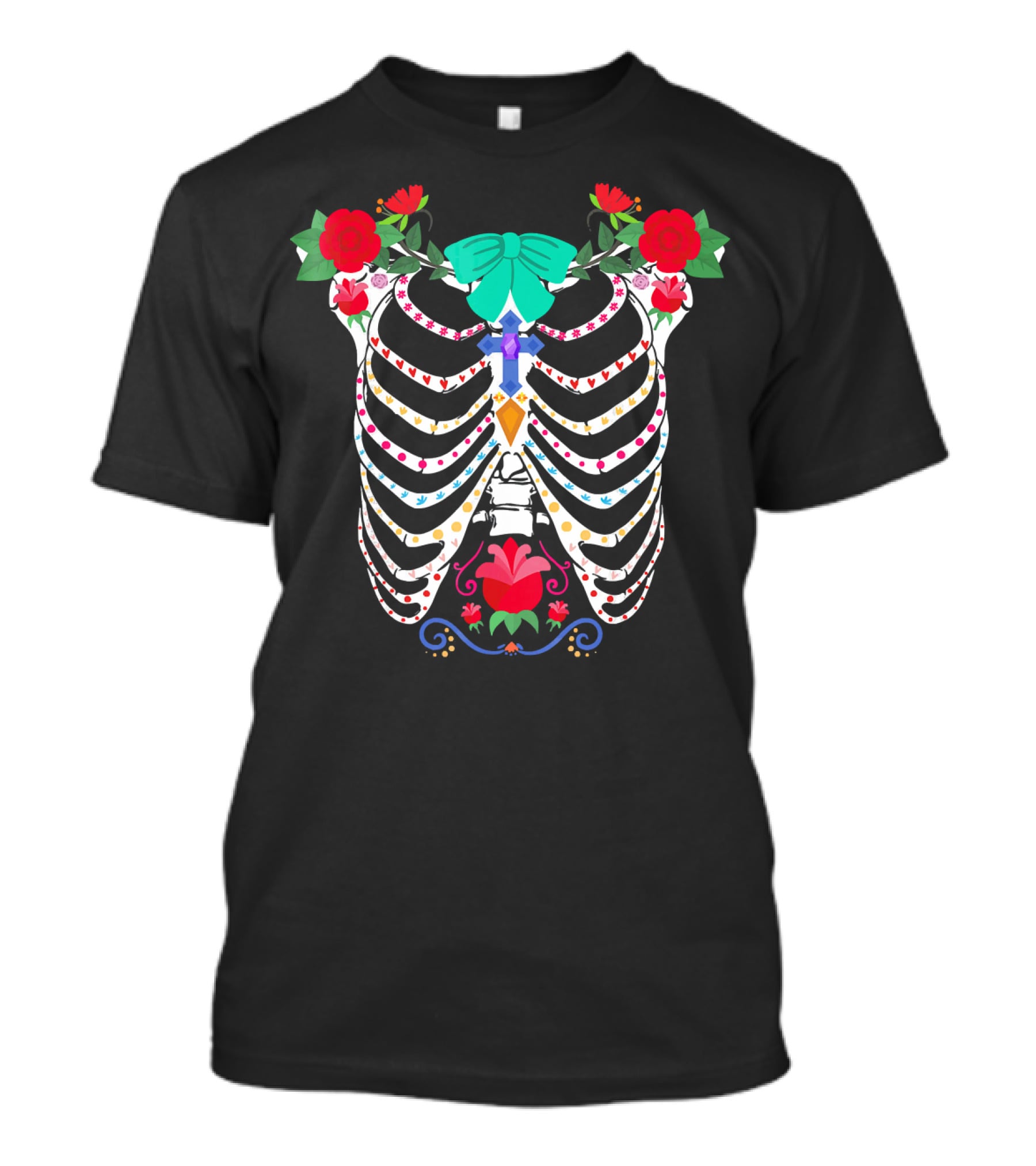 Skeleton Sugar Skull Floral Rib Cage With Bow And Roses T-Shirt