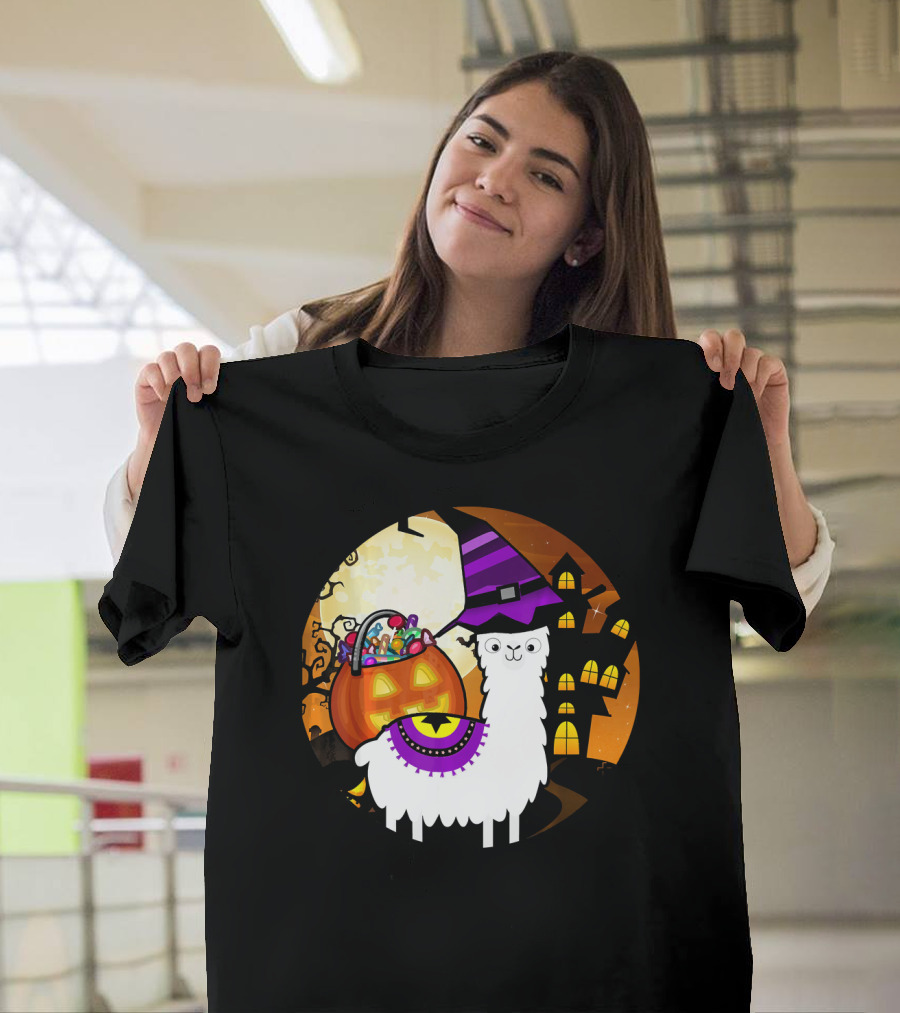 Halloween Llama Funny Alpaca with Witch Hat and Pumpkin House T-Shirt