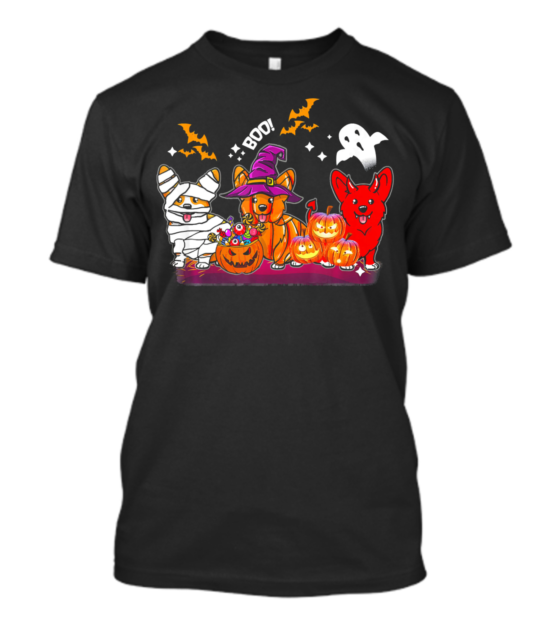 Halloween Three Corgis Witch Mummy Pumpkins Boo Ghost T-Shirt