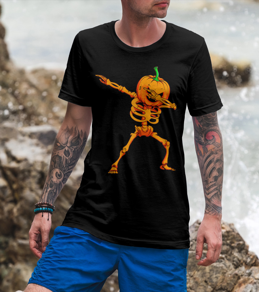 Dabbing Skeleton Pumpkin Halloween Dance T-Shirt