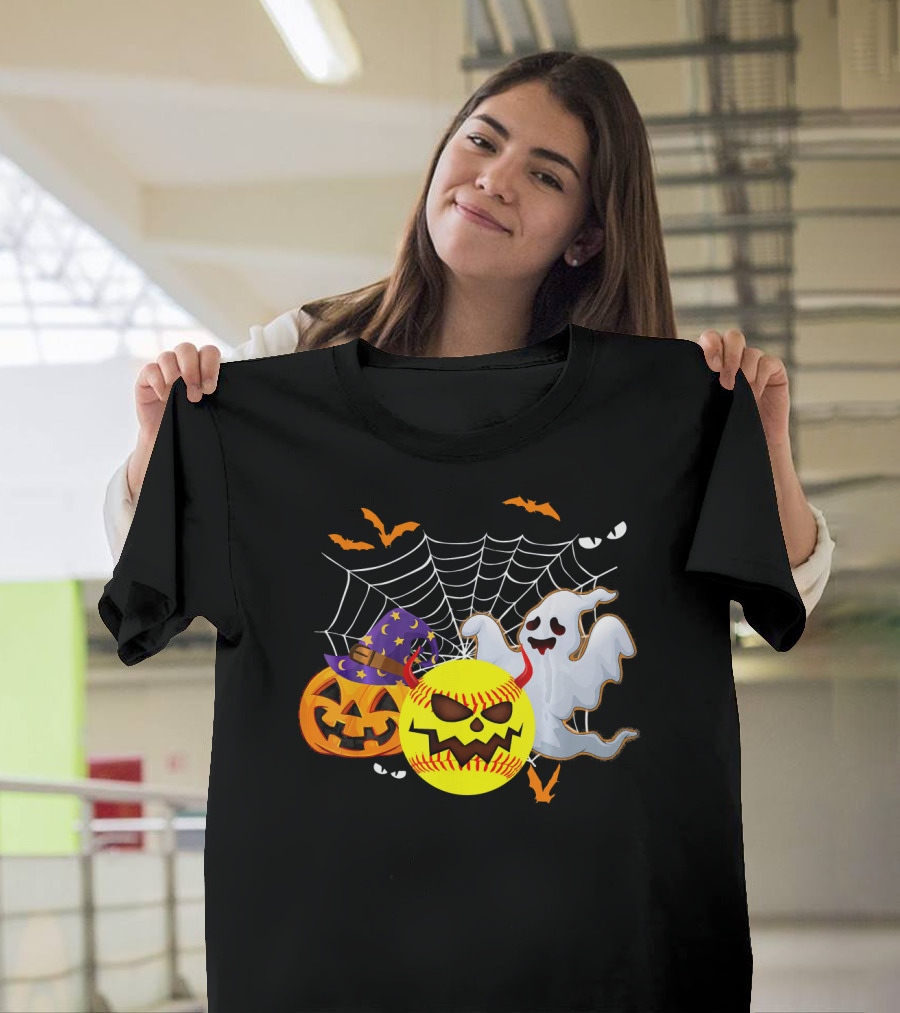 Halloween Softball Pumpkin Ghost Cobwebs and Bats Fun T-Shirt