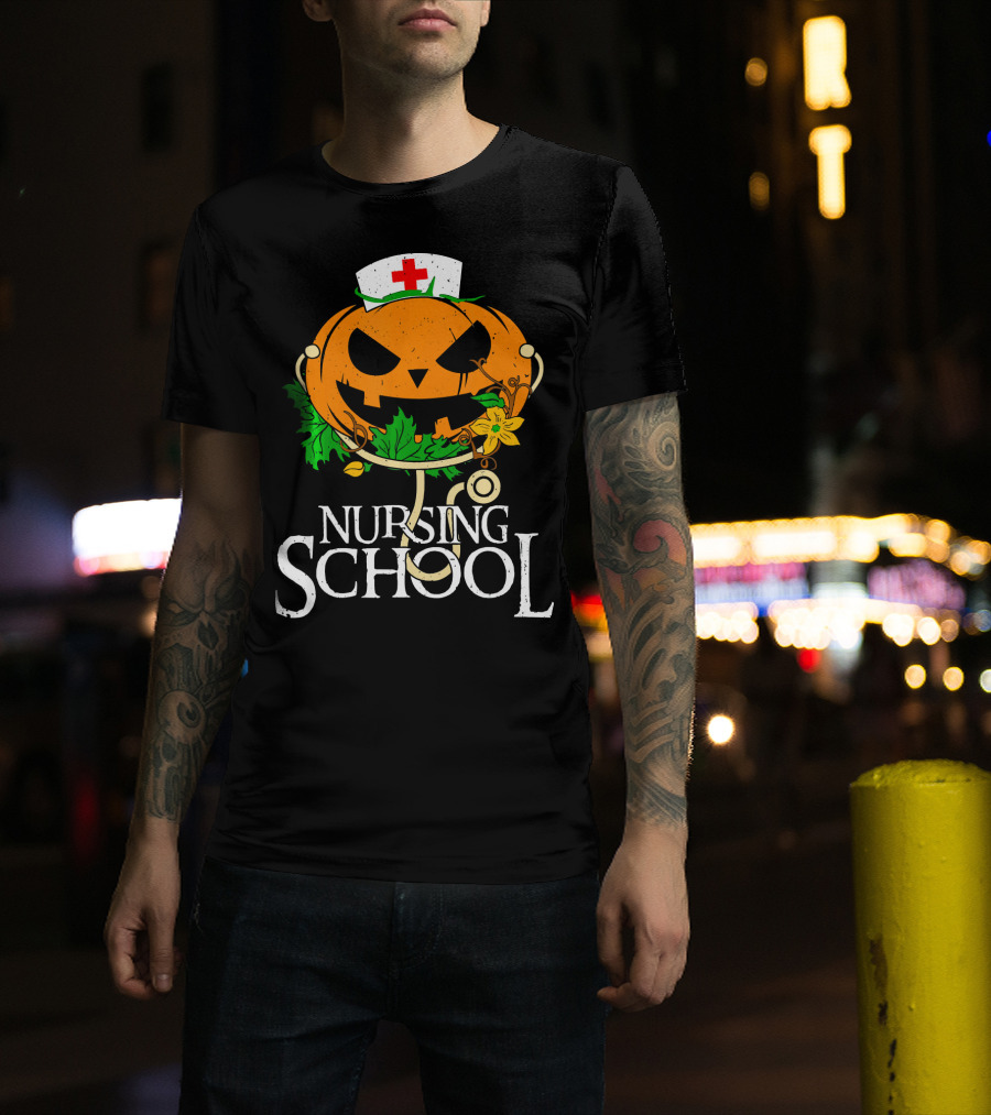 Nursing School Pumpkin With Stethoscope And Nurse Hat Jack-o'-Lantern T-Shirt