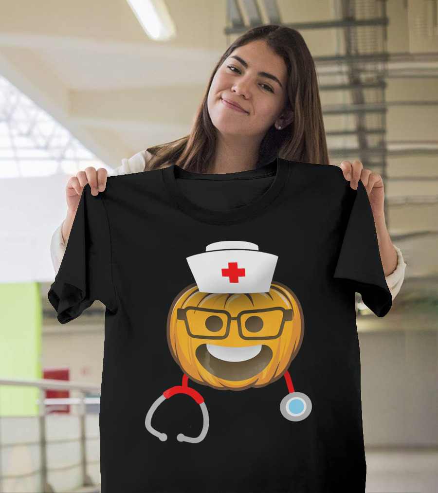 Nurse Halloween Pumpkin Emoji With Nerd Glasses And Stethoscope T-Shirt