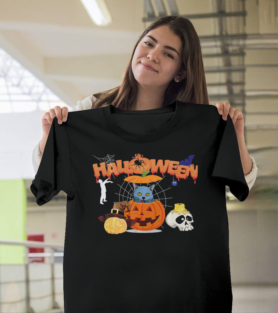 Halloween Russian Blue Cat Pumpkin Witch Zombie Skull Spider Bat T-Shirt