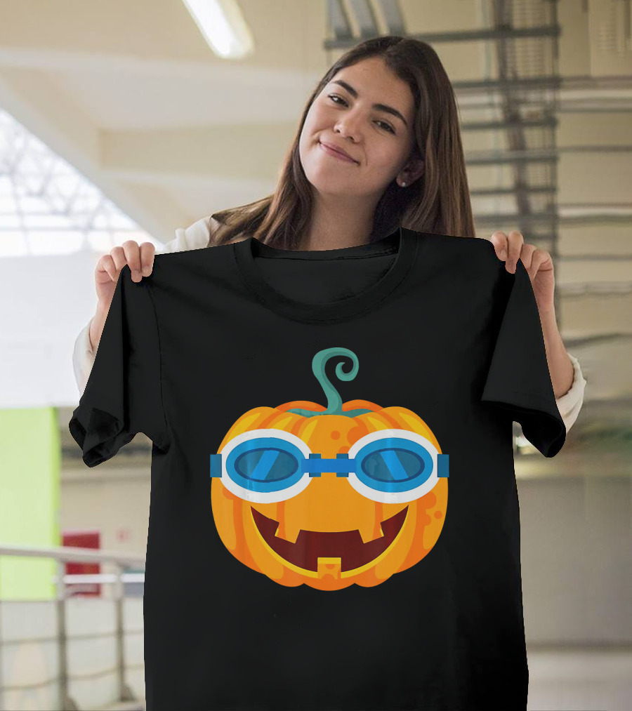 Swimming Pumpkin With Goggles Funny Halloween T-Shirt
