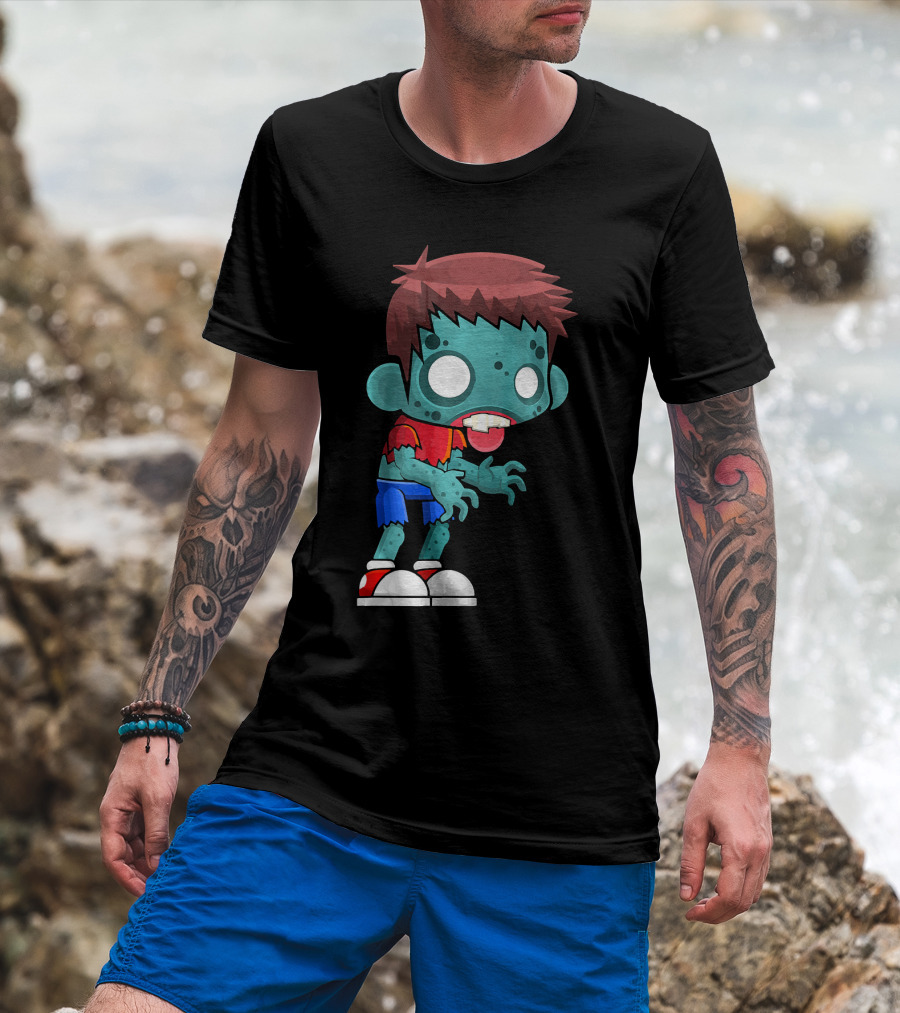 Zombie Boy Cartoon Character With Red Shirt And Blue Shorts T-Shirt