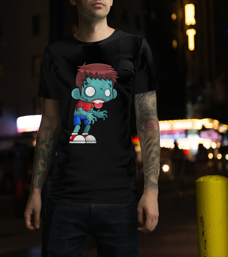 Zombie Boy Cartoon Character With Red Shirt And Blue Shorts T-Shirt