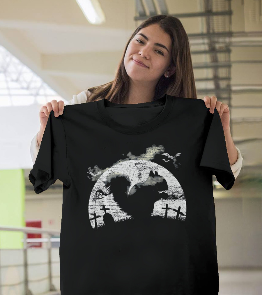 Halloween Squirrel Graveyard Silhouette with Full Moon and Bats T-Shirt