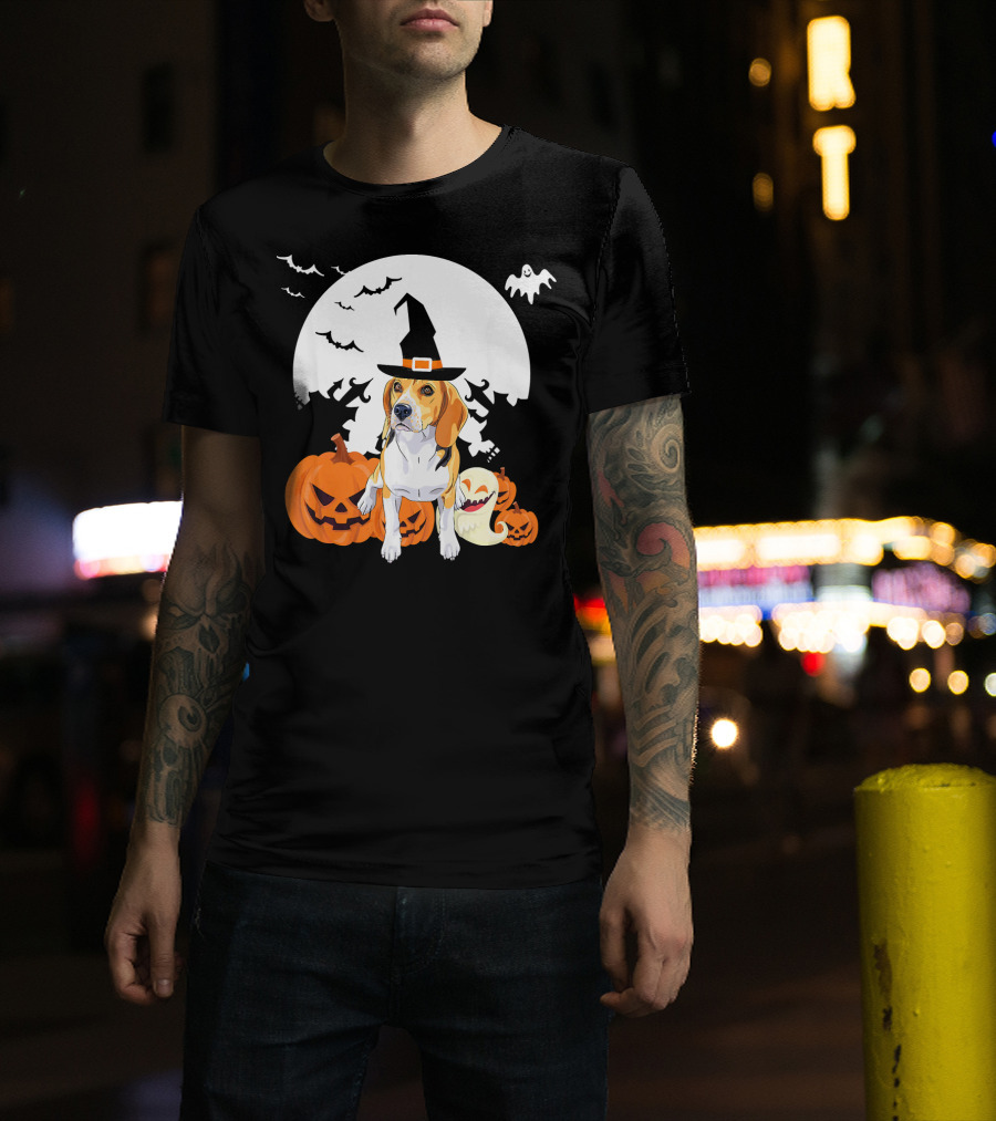 Happy Halloween Witch Beagle With Pumpkins And Ghosts T-Shirt