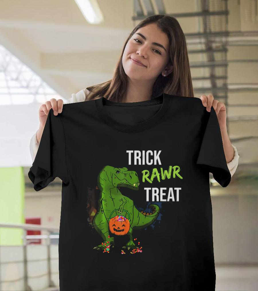 Trick Rawr Treat Halloween Rex Dinosaur With Candy And Pumpkin T-Shirt