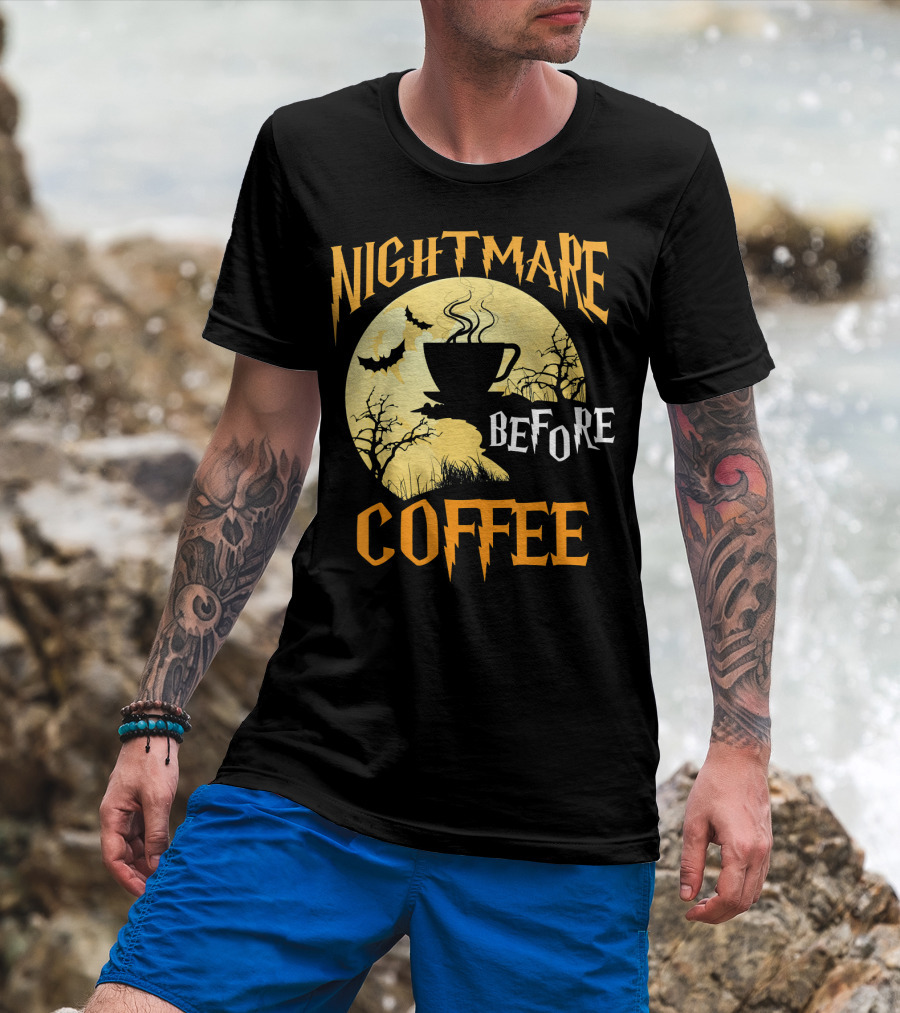 Nightmare Before Coffee Halloween Moon Bat And Tree T-Shirt