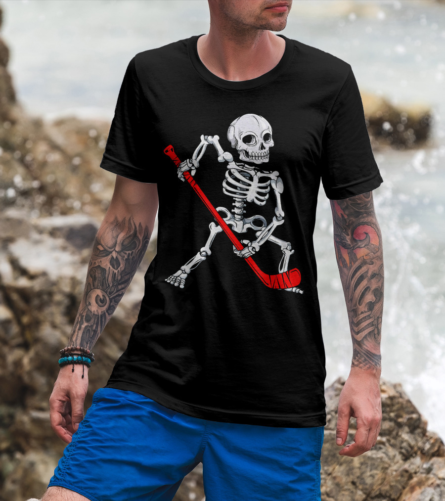 Skeleton Hockey Skeleton With Red Hockey Stick T-Shirt