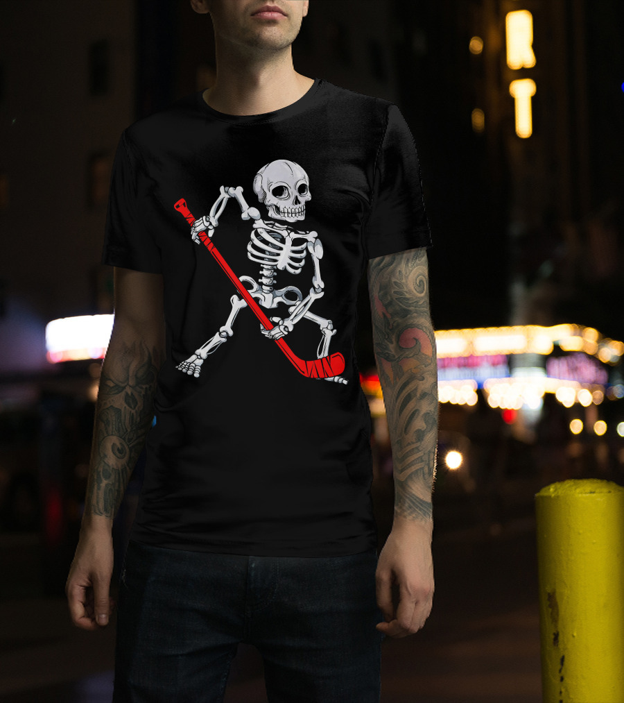 Skeleton Hockey Skeleton With Red Hockey Stick T-Shirt