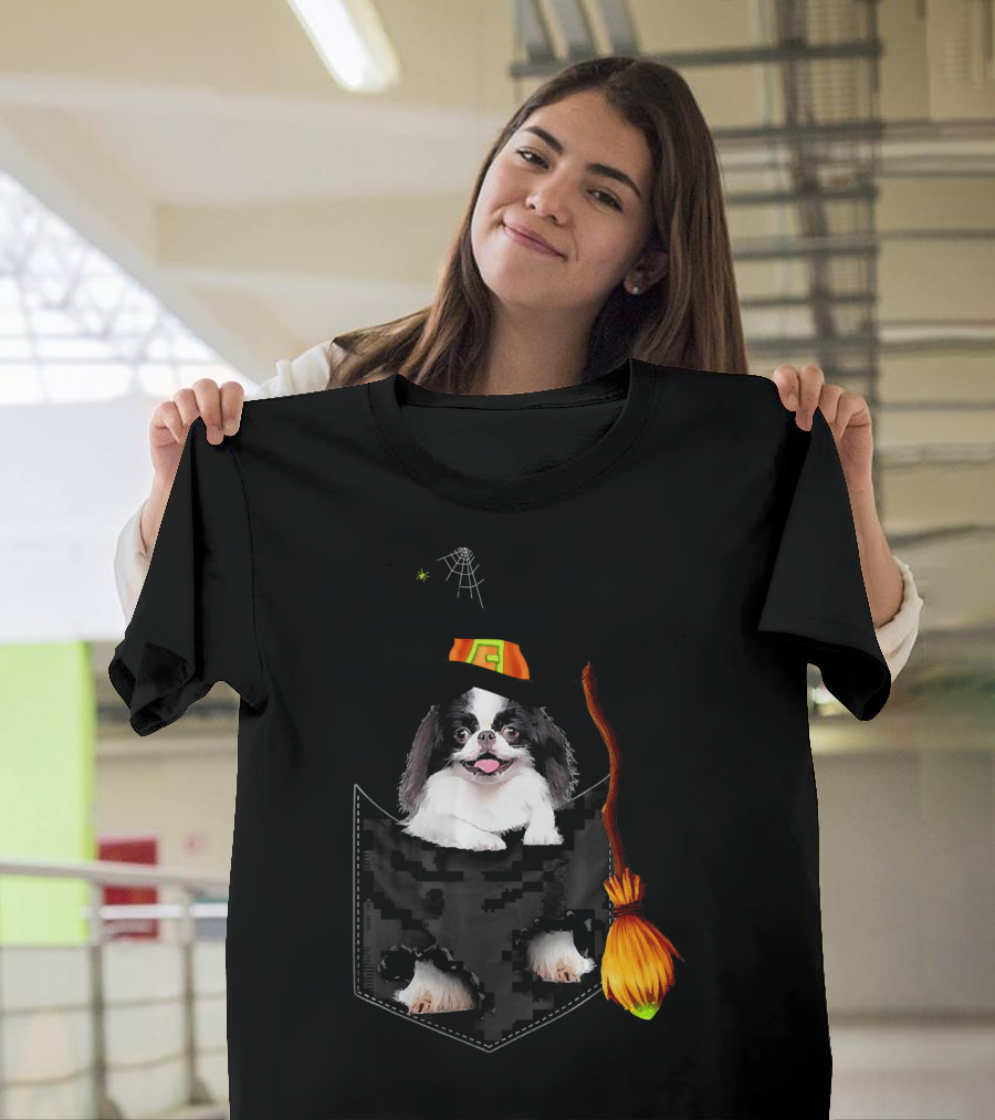 Japanese Chin Halloween Witch Hat Broom Pocket T-Shirt
