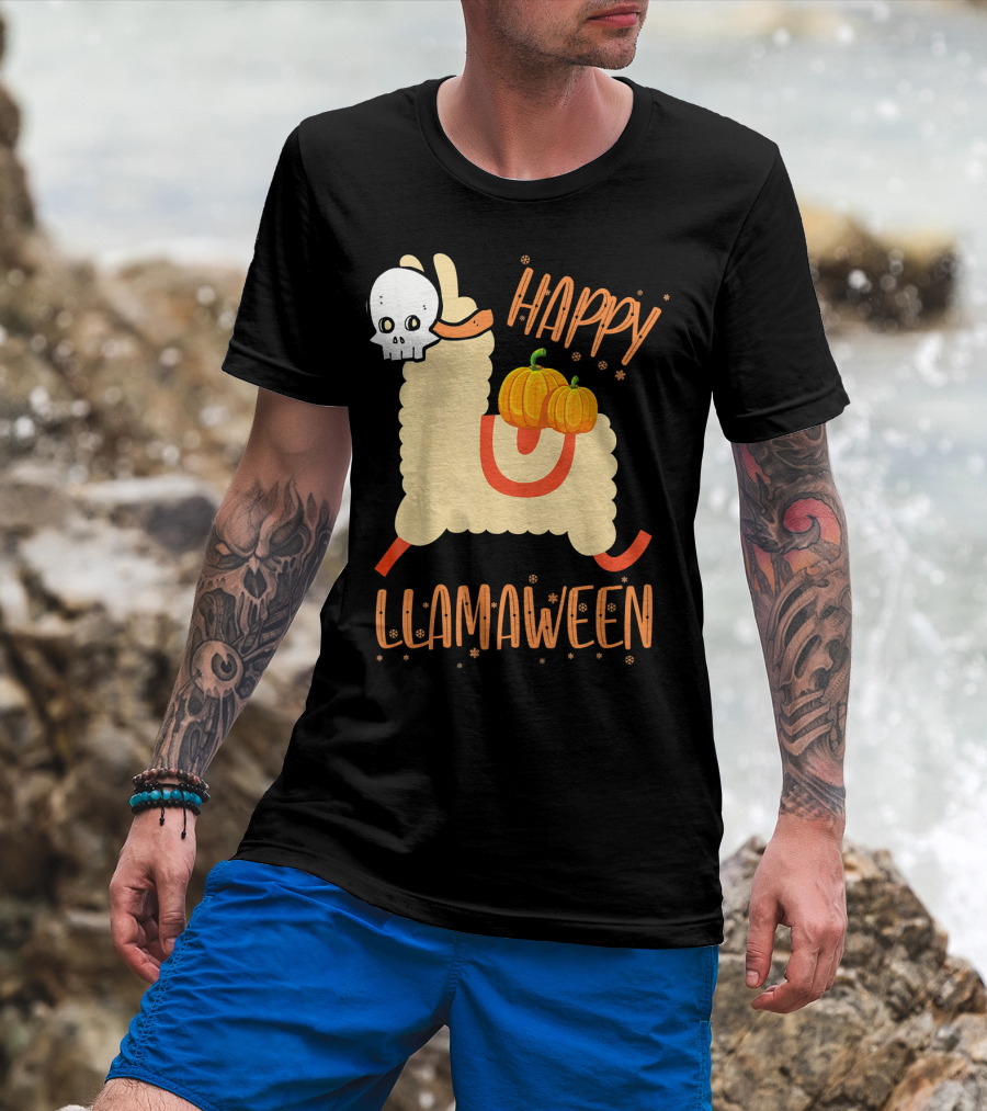 Happy Llamaween Funny Halloween Llama With Pumpkins T-Shirt