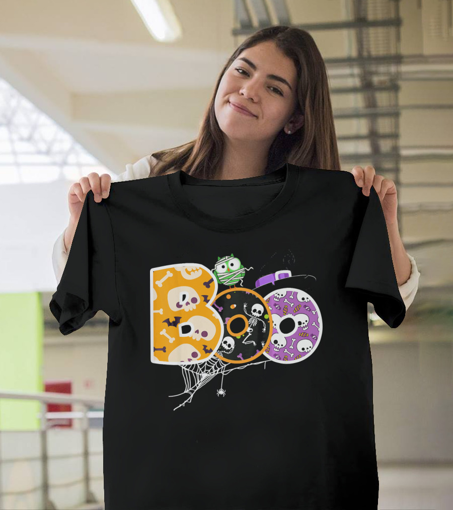 Boo Halloween Skeleton Spider Web Mummy Spooky T-Shirt