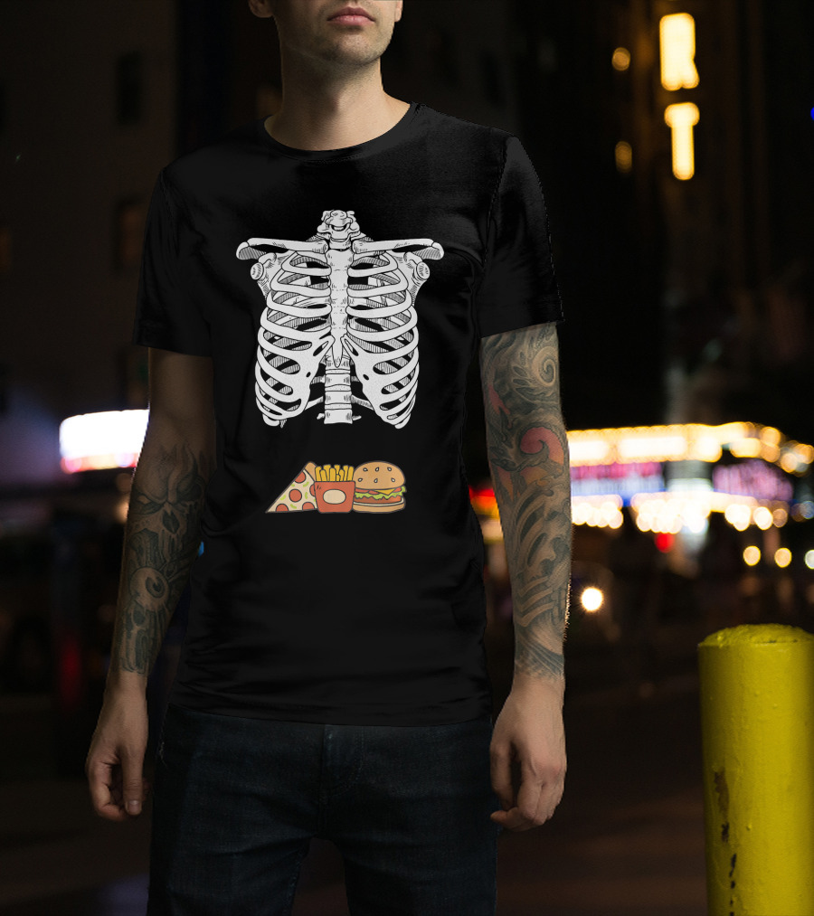 Skeleton Eating Pizza Fries And Burger T-Shirt