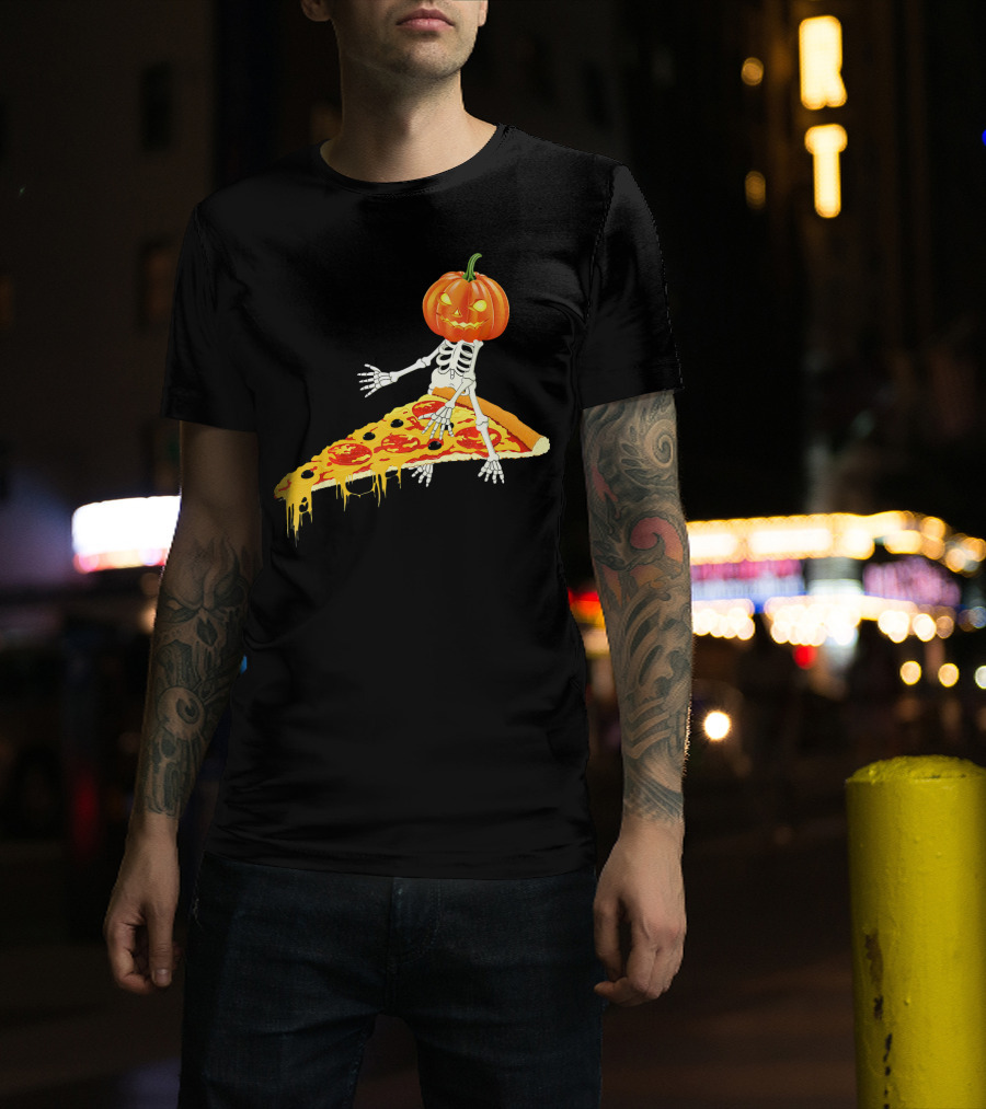 Pumpkin Head Skeleton Sitting On Pizza Slice With Pepperoni T-Shirt