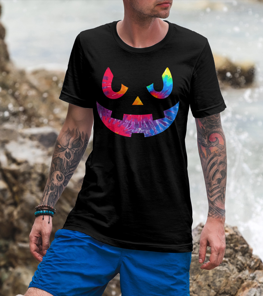 Scary Rainbow Tie Dye Jack O Lantern Face T-Shirt
