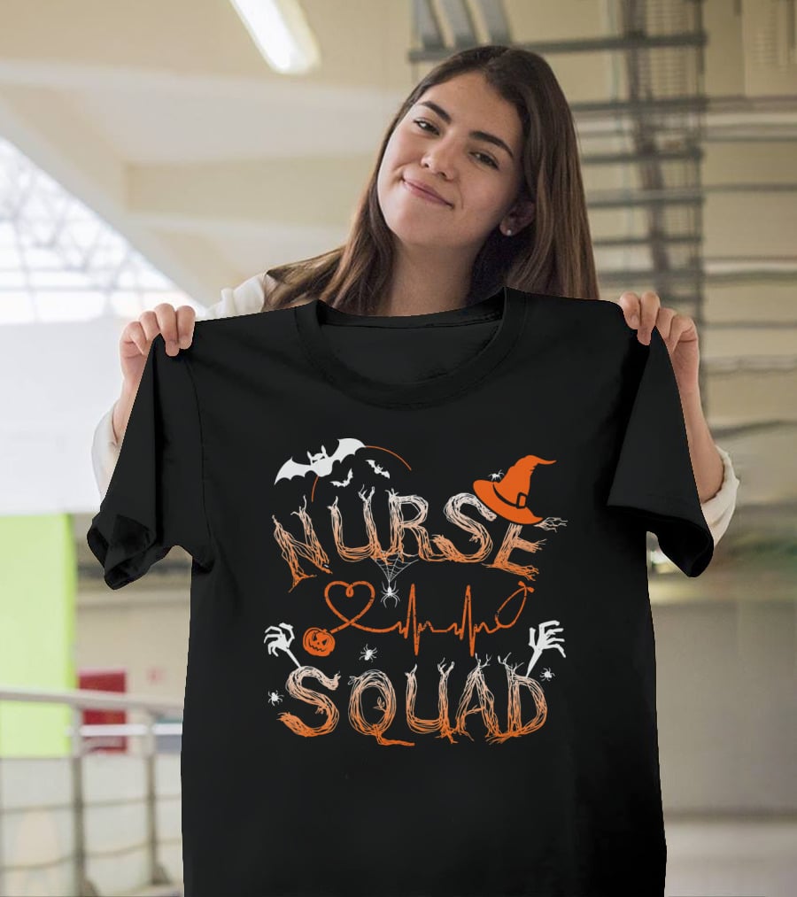 Nurse Squad Halloween Theme With Witch Hat And Bat Elements T-Shirt