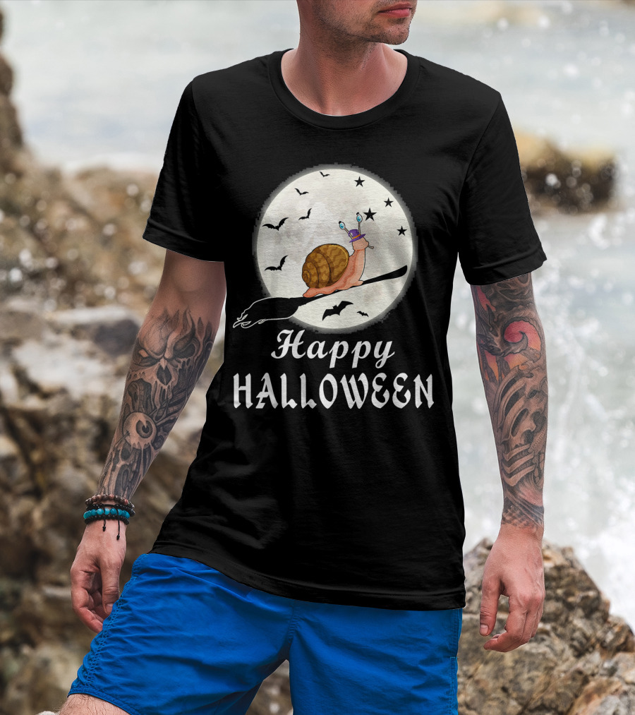 Happy Halloween Snail Riding Broomstick With Full Moon And Bats T-Shirt