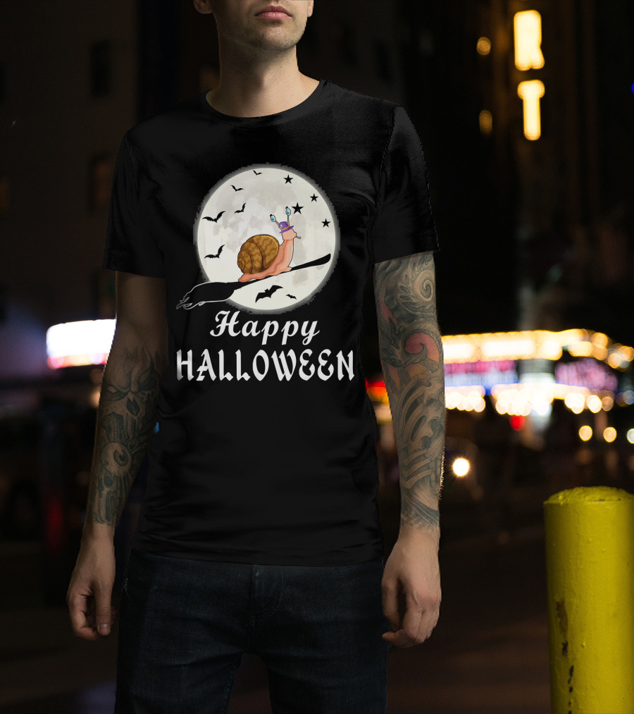 Happy Halloween Snail Riding Broomstick With Full Moon And Bats T-Shirt