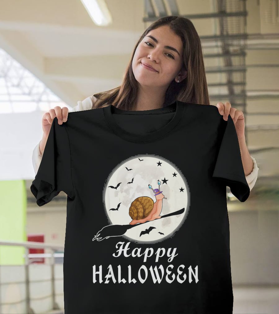 Happy Halloween Snail Riding Broomstick With Full Moon And Bats T-Shirt