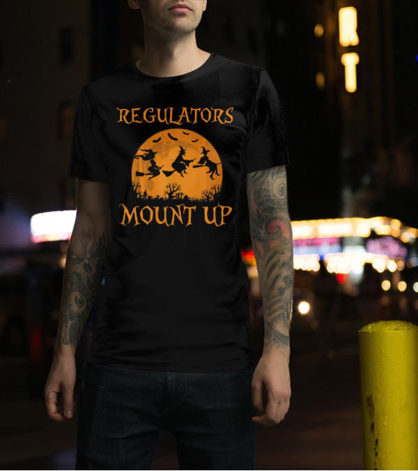 Regulators Mount Up Halloween Witch Flying Broomsticks Moon Scene T-Shirt