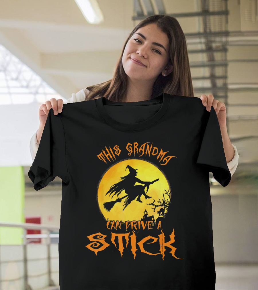 This Grandma Can Drive A Stick Witch Silhouette Flying Broomstick Full Moon Halloween Scene T-Shirt