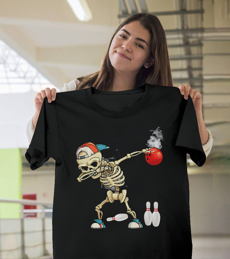 Dabbing Skeleton Holding Red Bowling Ball with Pins T-Shirt