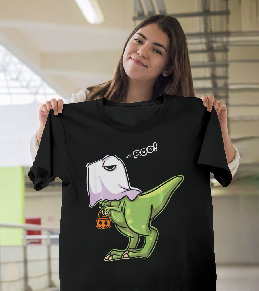 Funny Dinosaur Dressed as Halloween Ghost with Boo Text and Pumpkin T-Shirt