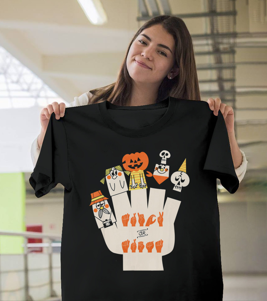 Trick Or Treat ASL Halloween Hand Signs With Pumpkin And Ghost Characters T-Shirt