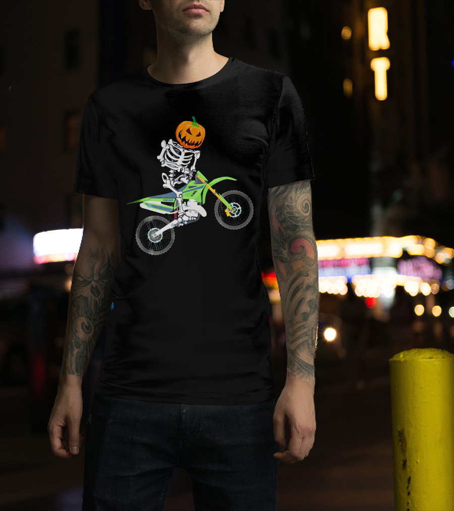 Skeleton Dirt Bike Halloween Pumpkin Rider T-Shirt