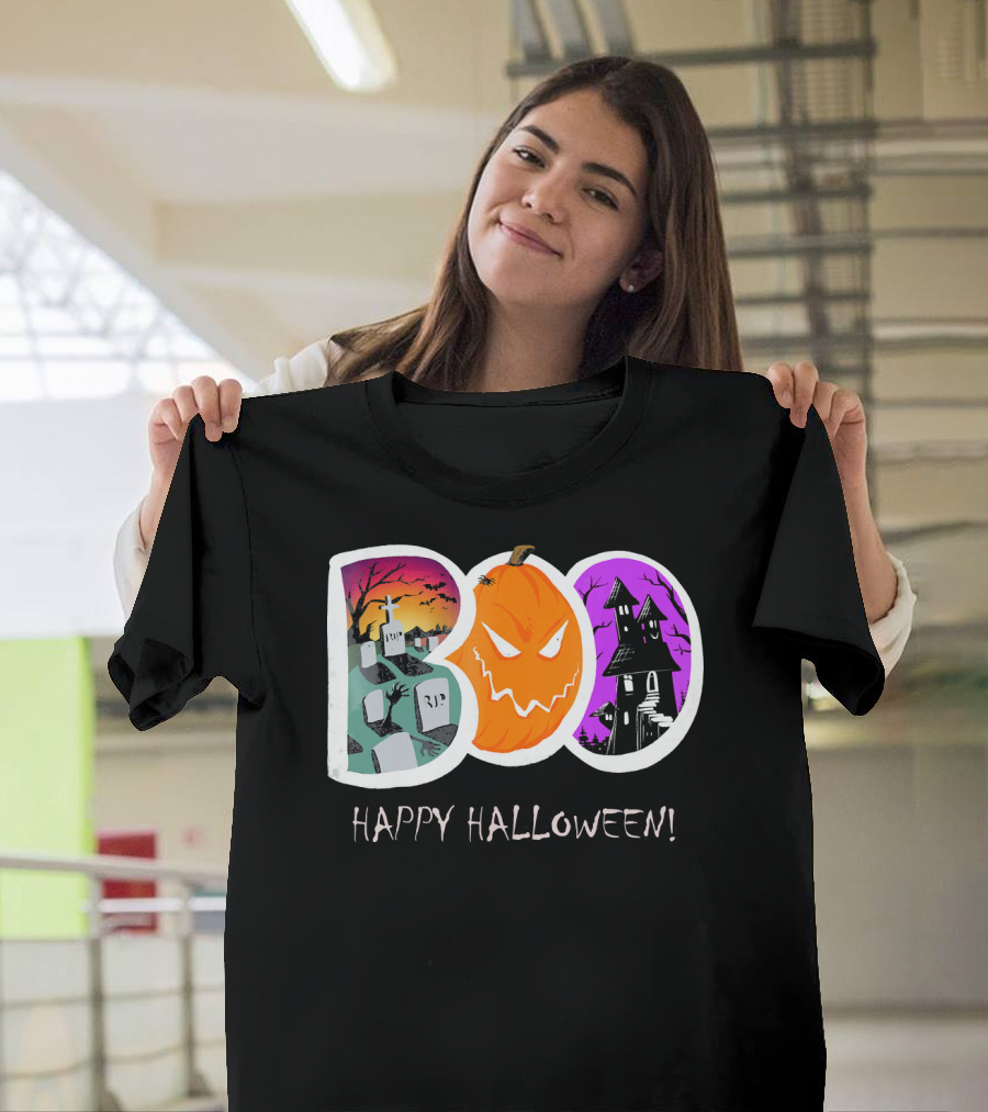 Happy Halloween Boo Trick Or Treat Pumpkin Graveyard Haunted House T-Shirt