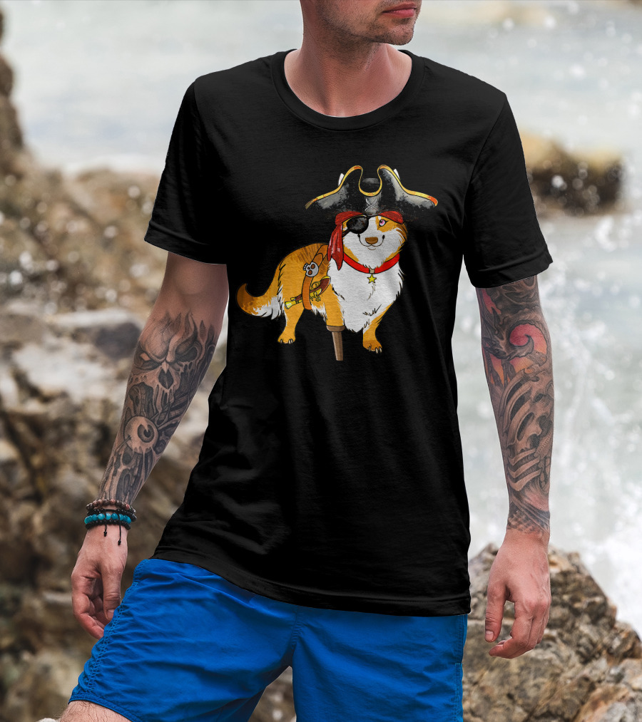Funny Corgi Pirates With Pegleg And Eyepatch T-Shirt