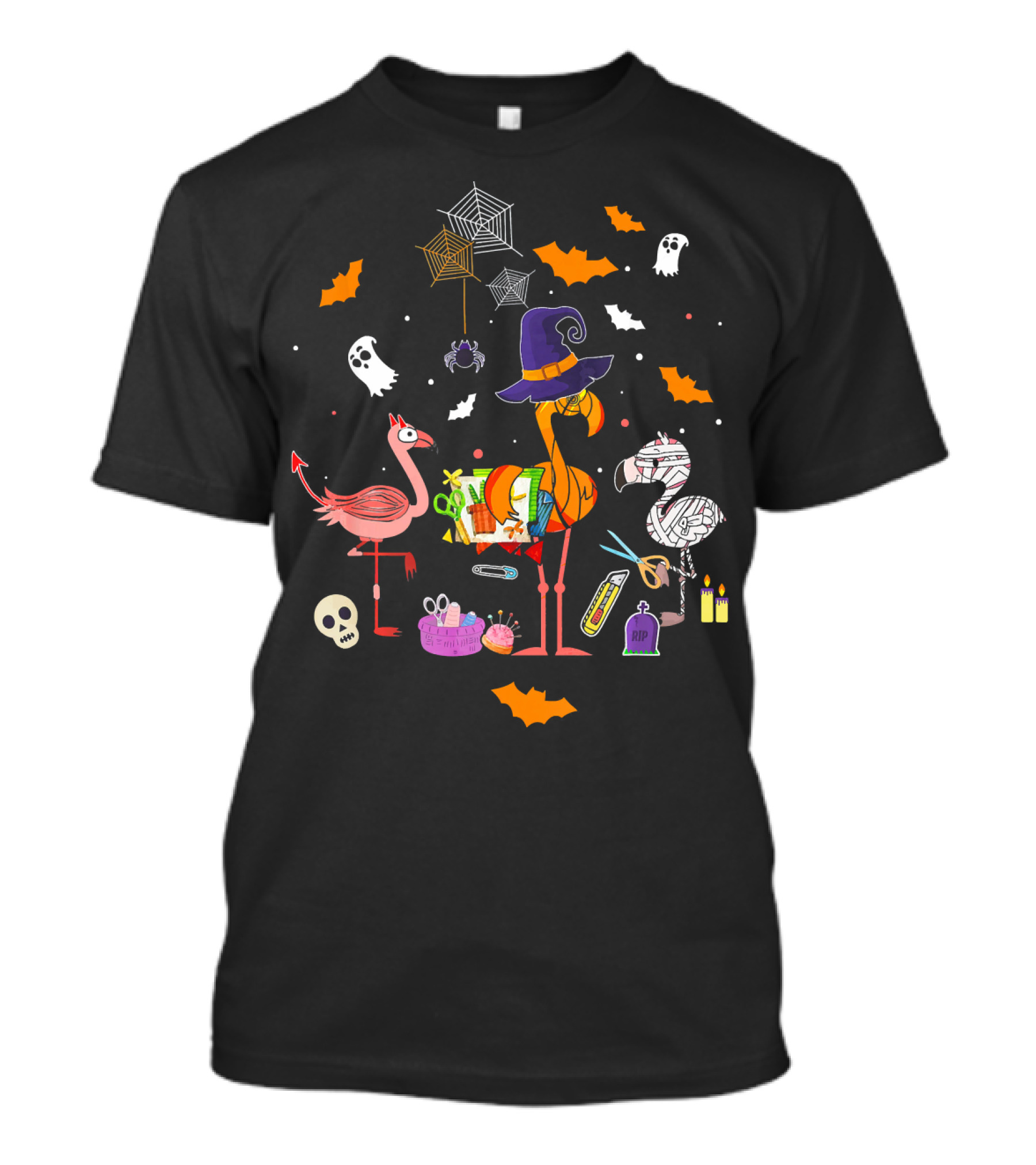 Halloween Scrapbooking Love With Witch Flamingo And Mummy Flamingo Ghosts Bats And Spiders T-Shirt