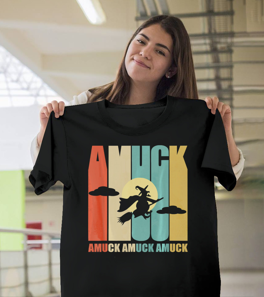 Amuck Amuck Amuck Vintage Witch on Broom Silhouette with Sunset Background T-Shirt