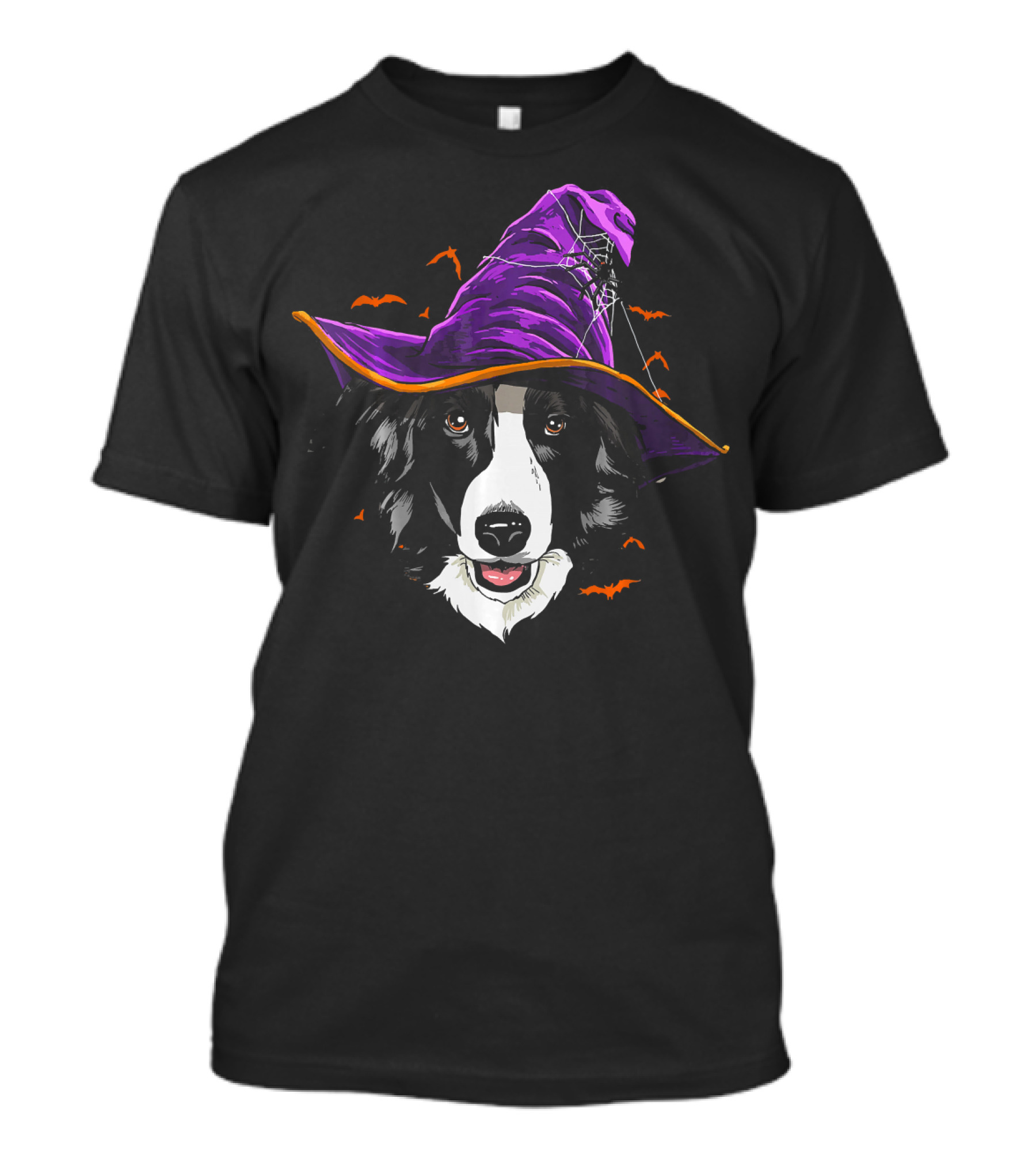 Border Collie Halloween Witch Hat With Flying Bats T-Shirt