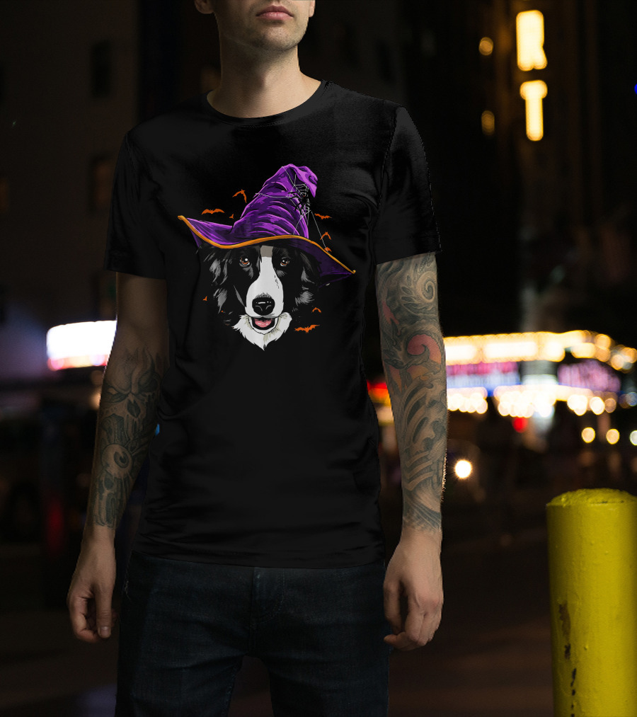 Border Collie Halloween Witch Hat With Flying Bats T-Shirt
