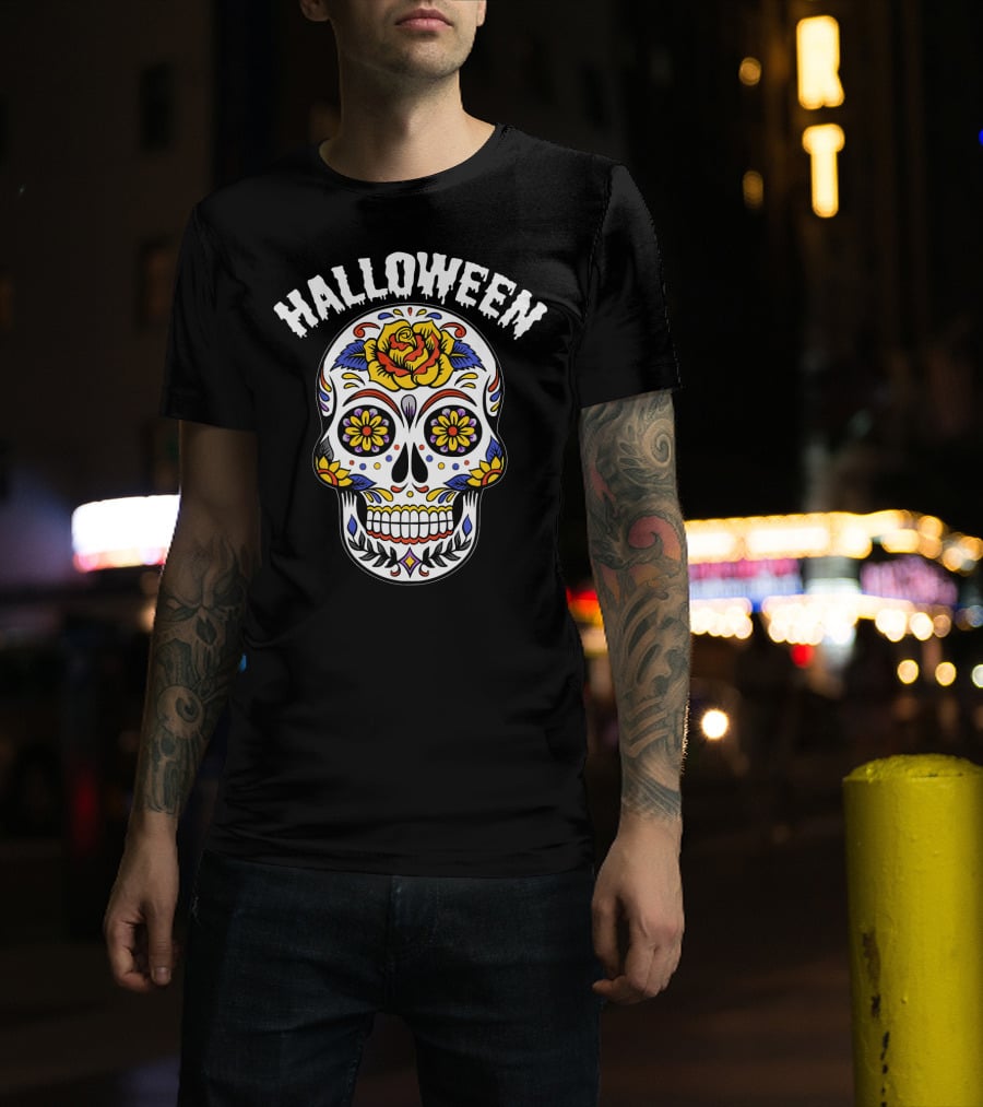 Halloween Calaveras Skull With Floral T-Shirt