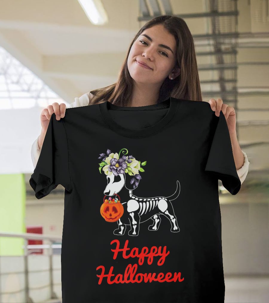 Happy Halloween Skeleton Dachshund With Pumpkin And Floral Crown T-Shirt