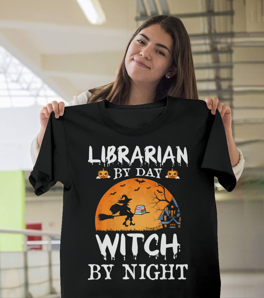 Librarian by Day Witch by Night Halloween Broomstick Silhouette with Books and Haunted House T-Shirt