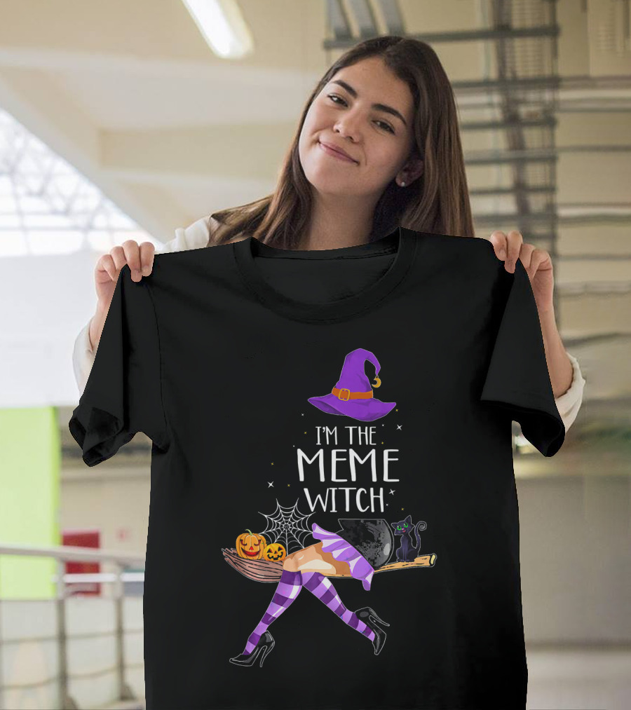 I'm The Meme Witch Halloween Cat Pumpkin Broomstick Hat T-Shirt