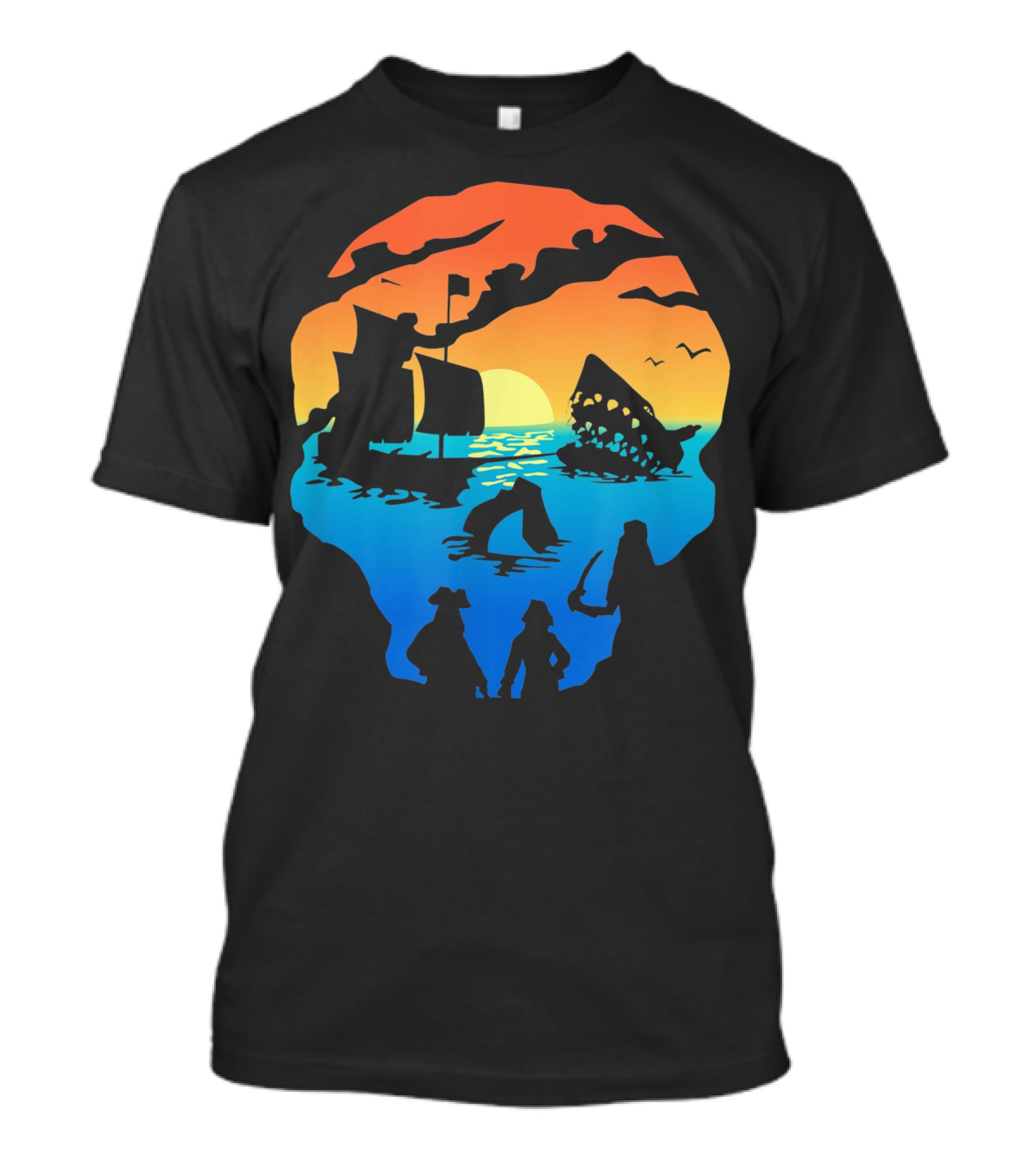 Mens Skeleton Skull Pirate Ship Sunset T-Shirt