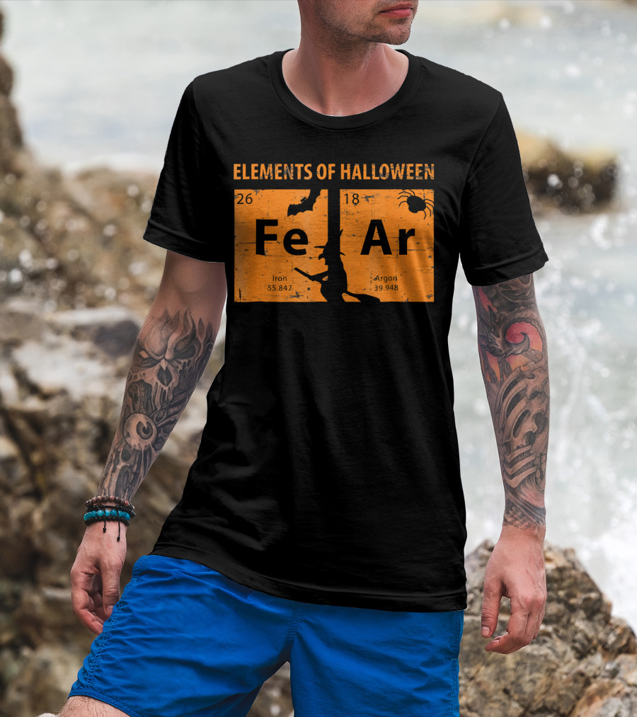 Elements Of Halloween Periodic Table Fe Ar 26 18 Iron Argon Witch Bat Spider T-Shirt