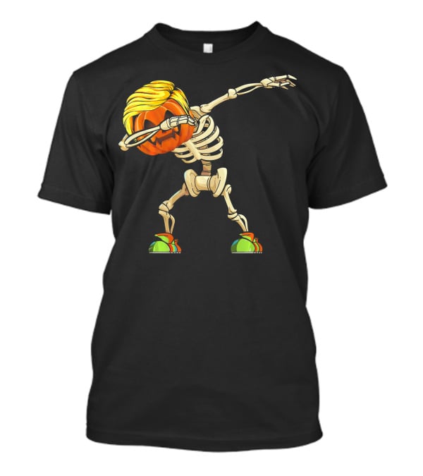Funny Halloween Dabbing Skeleton Pumpkin With Golden Hair And Colorful Sneakers T-Shirt