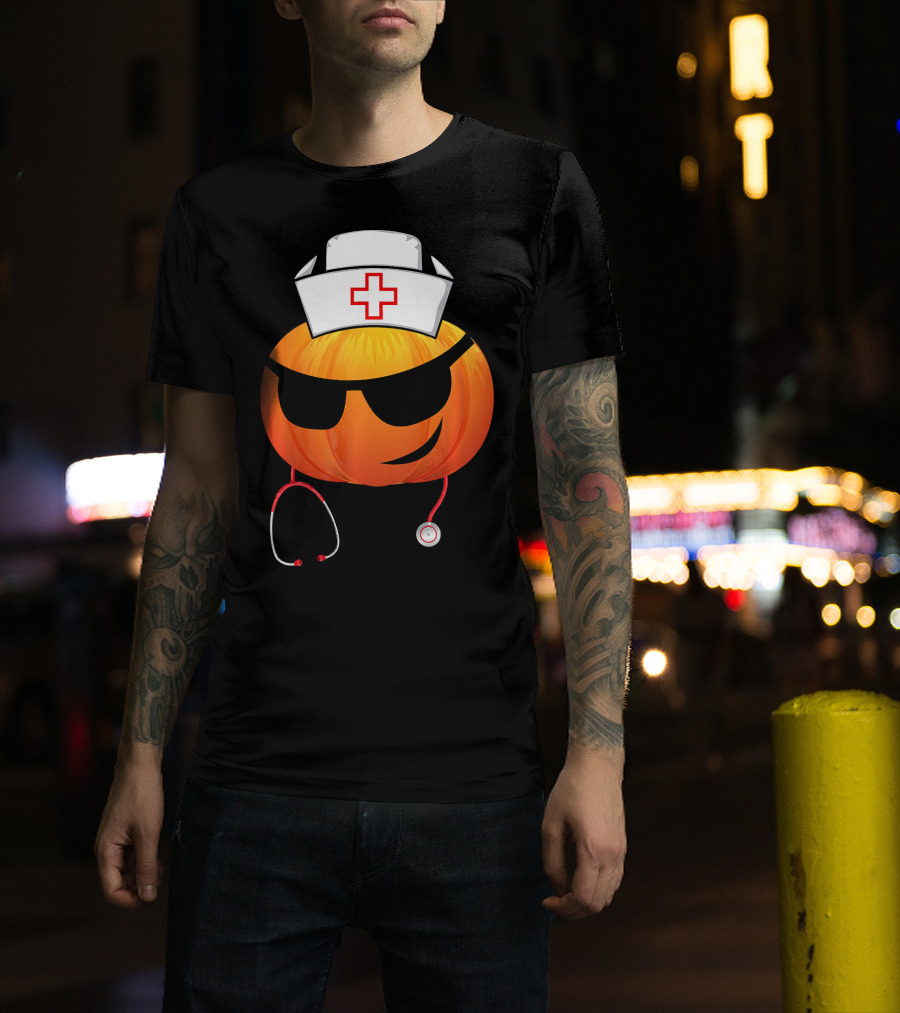 Smiling Pumpkin Nurse Emoji With Stethoscope Halloween T-Shirt