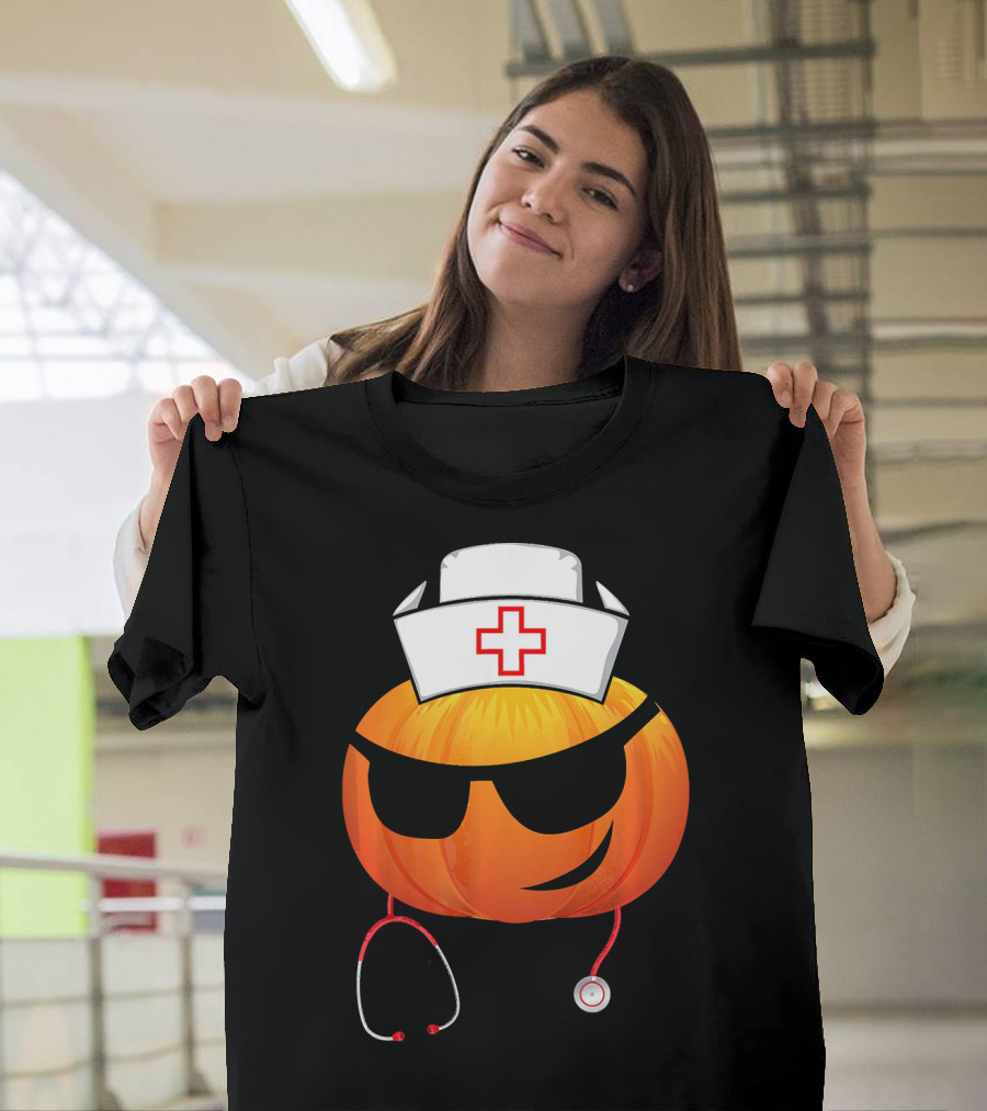 Smiling Pumpkin Nurse Emoji With Stethoscope Halloween T-Shirt