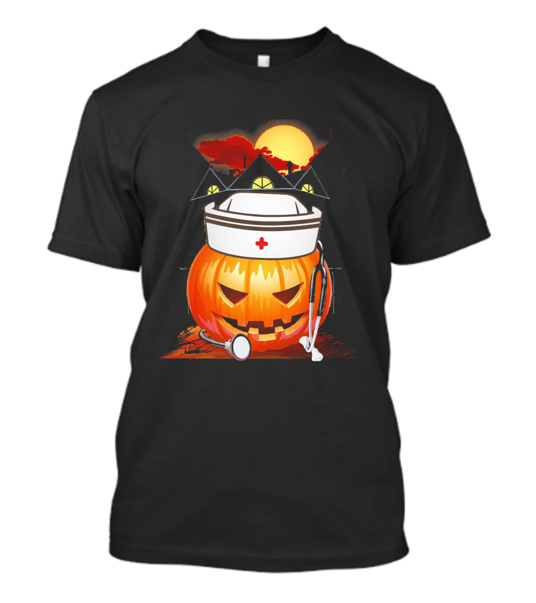 Nurse Pumpkin Halloween With Stethoscope And Haunted House T-Shirt