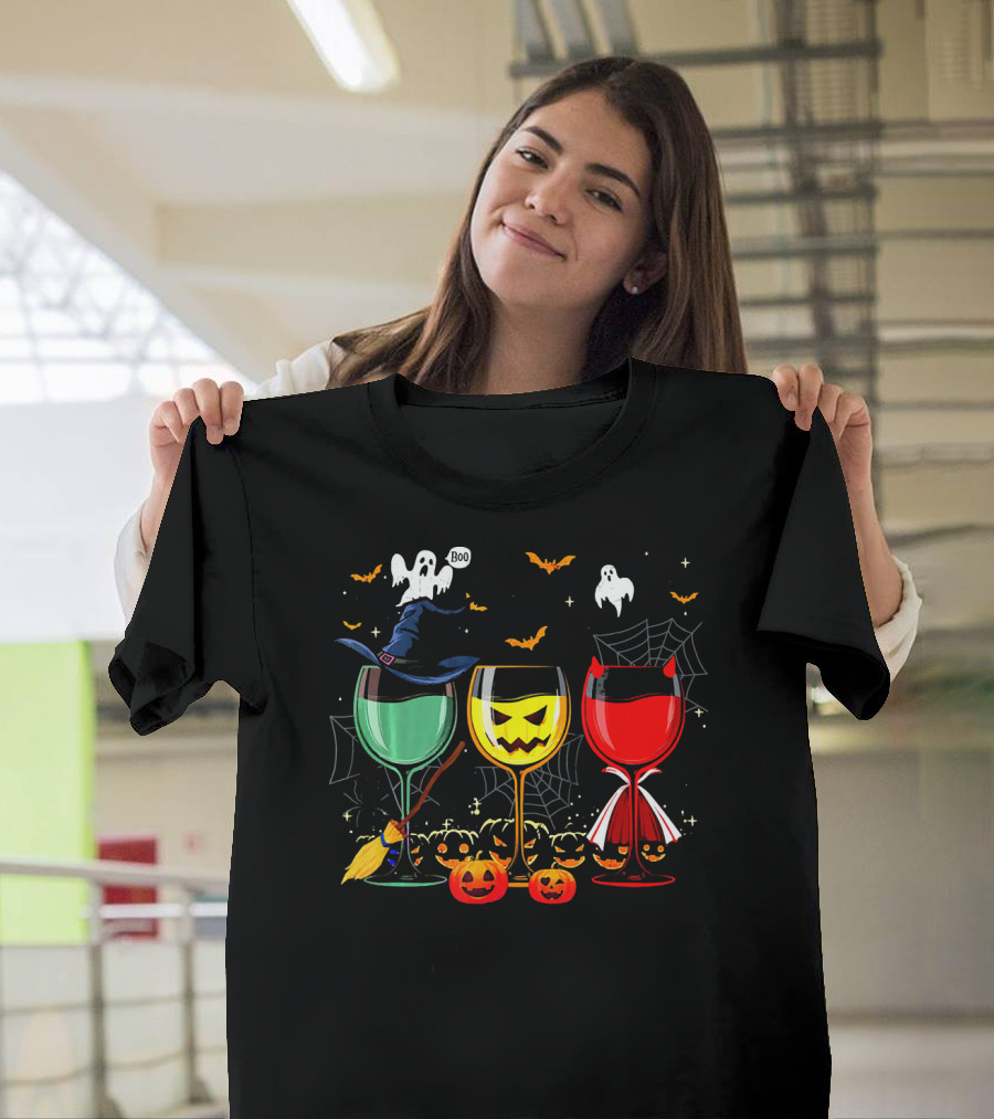 Halloween Witches Pumpkin Ghost Devil Wine Glasses T-Shirt